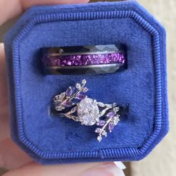 Very Lightly Used Engagement Rings - Amethyst Couples Ring- His and Hers Ring Set Or Separate - Silver/ Tungsten Purple Matching Unique Wedding Bands