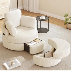 Swivel Accent Chair with Half Moon Ottoman, Round Chairs with Drawer Storage for Living Room, 360° Barrel Chair with USB Charging Port (White Corduroy