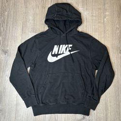 Nike Mens Hoodie Small Black Club Fleece Sweatshirt Pullover Big Swoosh Graphic