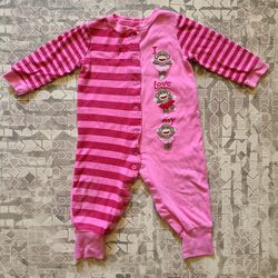 12M Snap Button Long Sleeve Girl's Bodysuit 100% Cotton Sock Monkey Ballerina