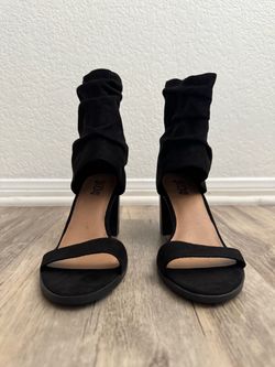 Black Suede Ruched Ankle Heeled Sandals