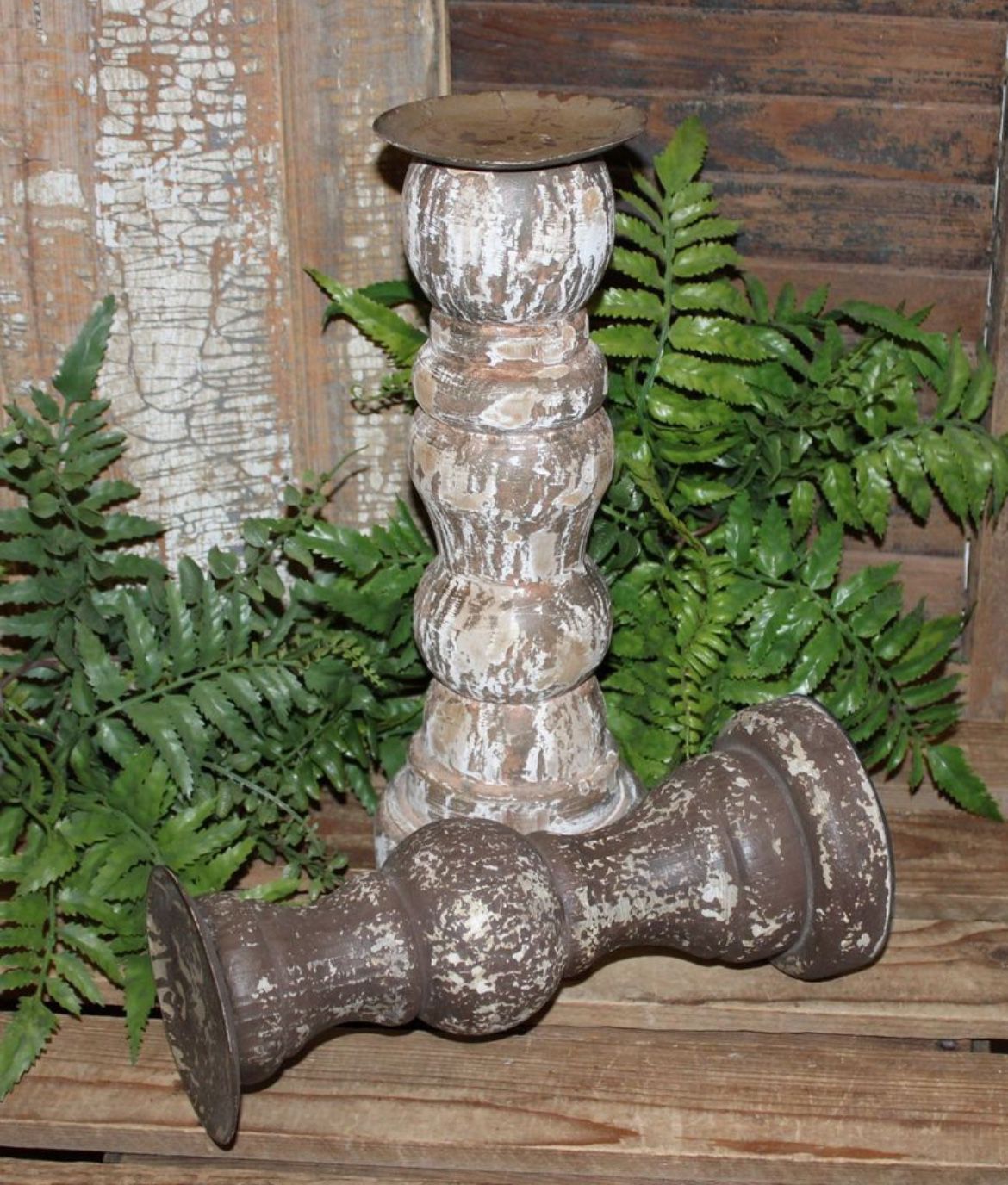 Pair of Rustic Chippy Distressed Solid Wood Farmhouse Candle Holders