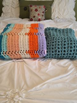2 Handmade Crocheted Knitted Throws Blankets
