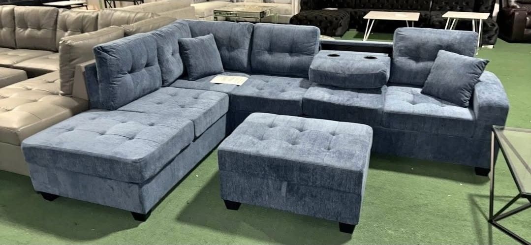 Grey Sectional Sofa With Ottoman  And Cup Holders NEW 