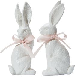 Bunny Figurines 2-Pcs White Resin Textured with Pink bows NEW