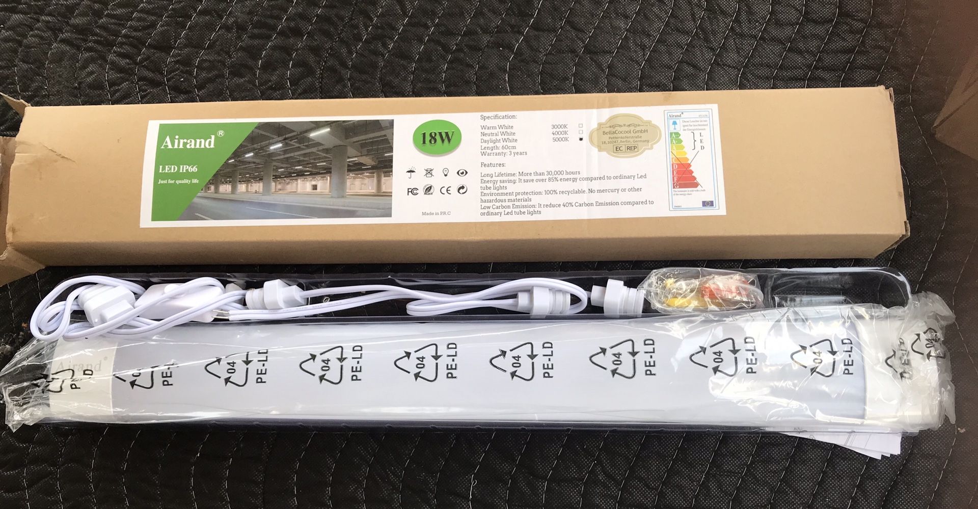 Airand 5000K LED Ceiling Light Fixture, 2FT IP66 Waterproof LED Tube Light