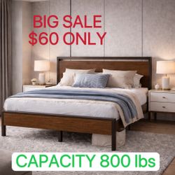 BIG SALE FULL/ QUEEN Size Bed Frame, Heavy Duty Metal Platform Bed with Wooden Headboard & Footboard