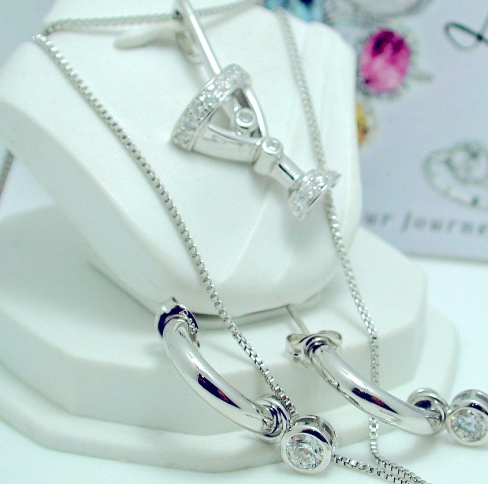 New -Sterling Silver & Platinum Earring/ Necklace Set