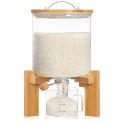 Glass And Wooden Dispenser For Rice And Dry Grains