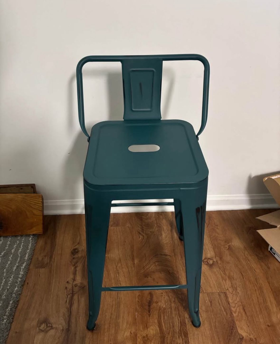 Set of 4 Counter Height Stools with Low Back Bar Chairs Distressed Teal Green