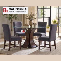 Modern 5 Piece Round Glass Dining Table Set - Dark Walnut & Grey Chairs