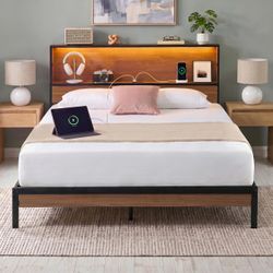 Queen Bed Frame LED Lighted Storage Headboard-Charging Station-No Boxspring Needed $120 Firm