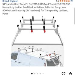 54" Ladder Roof Rack Fit for 2015-2025 Ford Transit 150 250 350 Heavy Duty Ladder Roof Rack with Rear Roller for Cargo Van, 800lbs Load Capacity (3 Cr