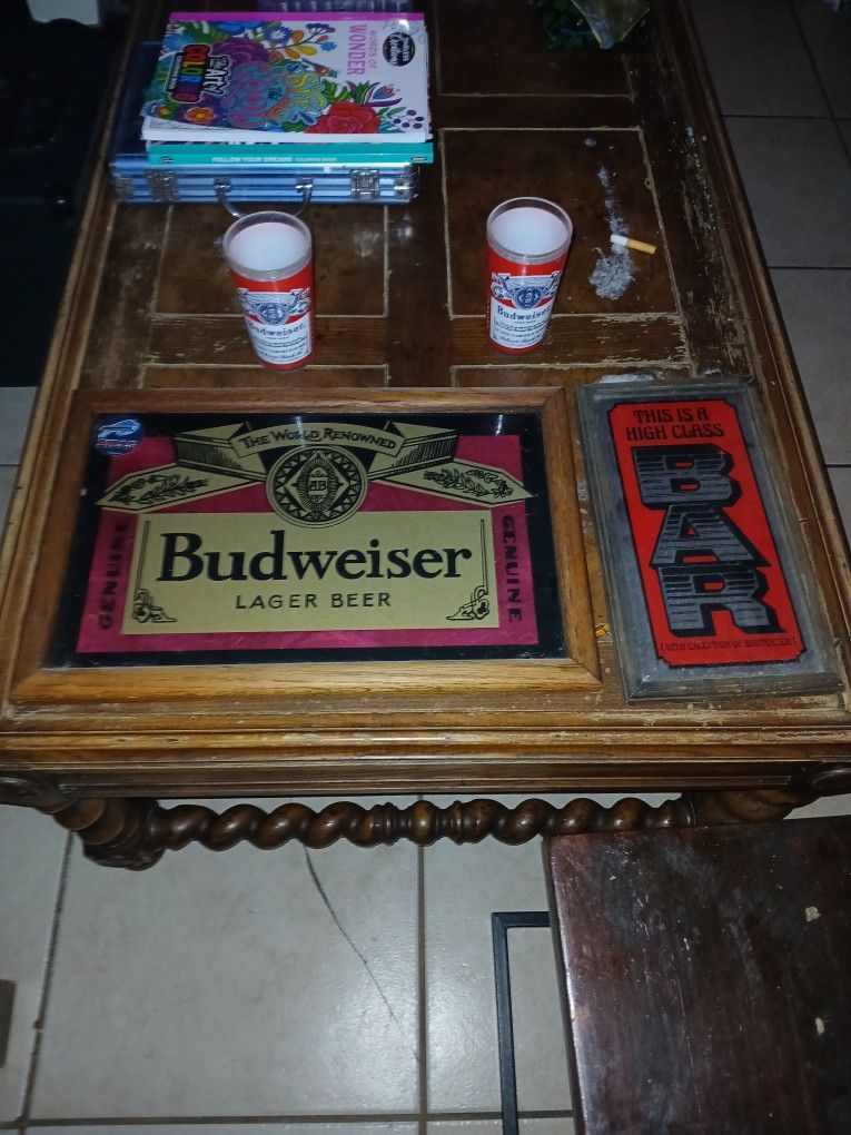 Old Antique 2 Budwiser Mirrors Good Condition And 2 Budwiser Cups