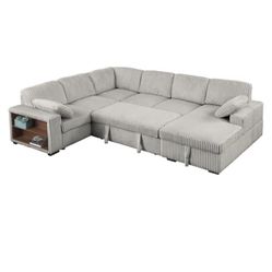 Shariff U-Shaped Corduroy Sectional Sofa with Pull-Out Bed, Storage Chaise Lounge & Open-Storage Arm
