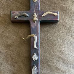 Hand Made Wooden Cross With Milagros 