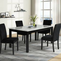 Brand New White Marble Espresso Finish Dining Set With Black Velvet Chairs & A Nail Head Trim 
