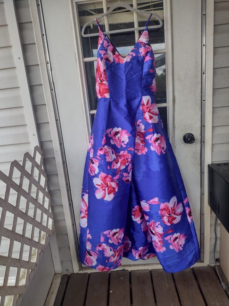 By & By Long Royal Blue Floral Spaghetti Strap Satin Formal Prom Dress size 15