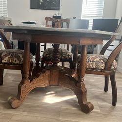 Antique Table With Marble Table Top And Four Chairs 