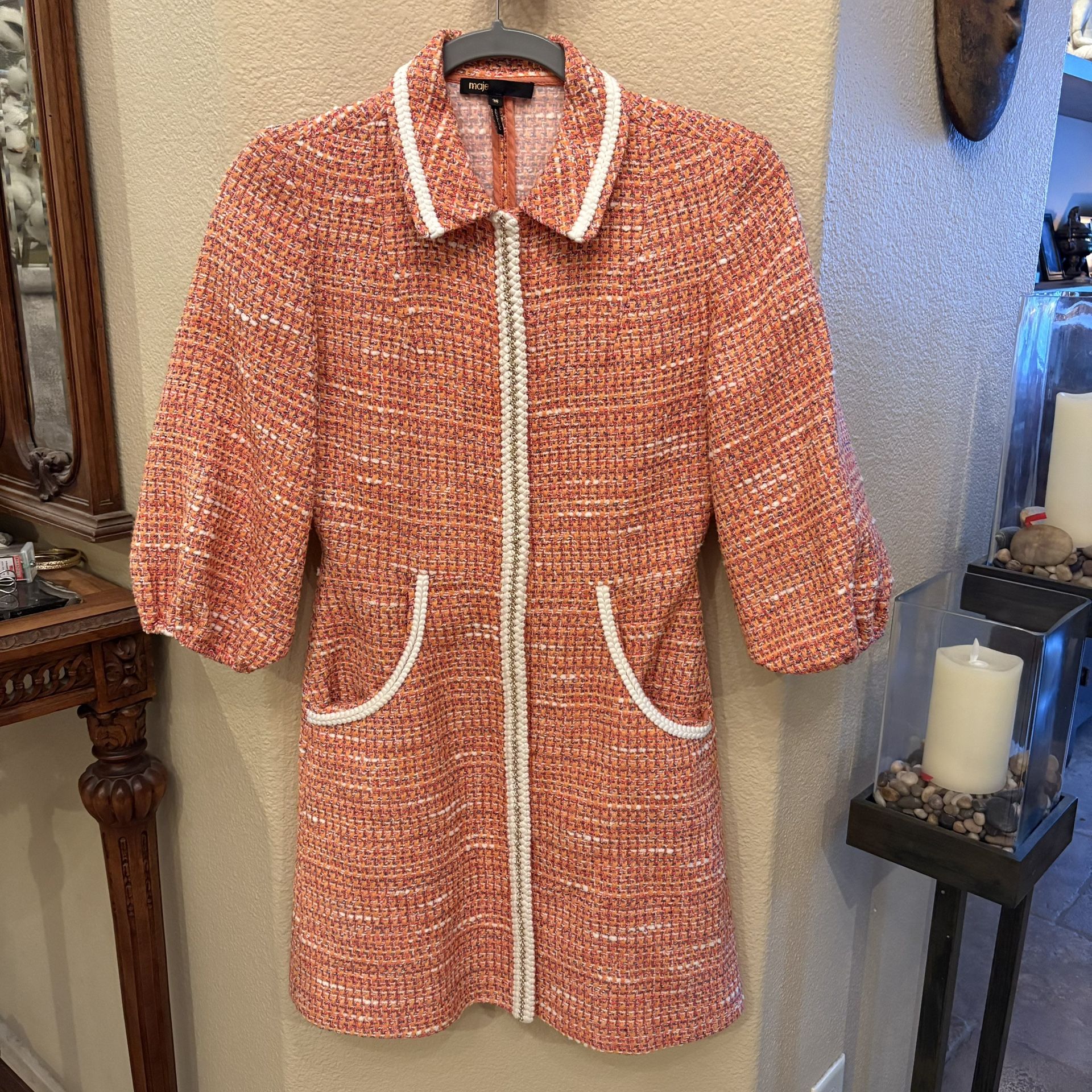 MAJE Orange Tweed Rimoda Polo Gold Chain 3/4 Sleeve Mini Dress Size 36 (2/XS)