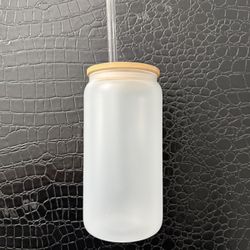 14 New Frosted Glass Can Cups with Bamboo Lids & Glass Straws