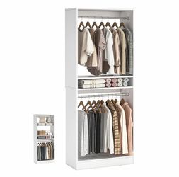 2136b  Freestanding Closet System, 25” Closet Organizer Wardrobe with Hanging Rods & Shelve, Adjustable Clothes Garment Rack, Sturdy Walk in Closet To