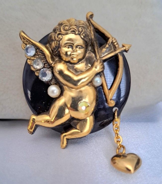 Vintage Cupid With Dangling Heart Brooch