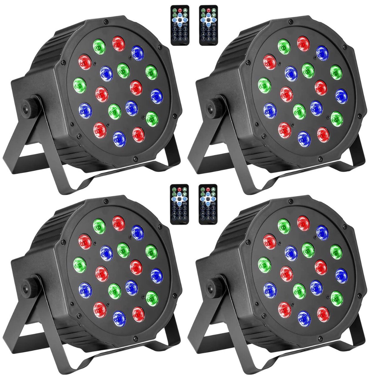 DJ Lights, BSYUN RGB 18 LEDs Professional Sound Activated Stage Lights DMX-512 Controllable Uplighting for Wedding Party with Remote (4P)