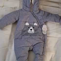 NWT - Wonder Nation Baby Bear Ear Fleece Plush Snowsuit size 0-3 months