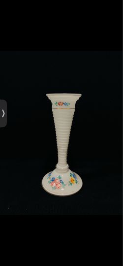 Antique Czechoslovakia Milk Glass Hand Painted Vase 9” Tall .Ribbed stem and gold trim. Colorful hand-painted roses and wildflowers. Elegant decorativ