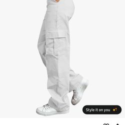 White Womens Cargo Pants Elastic Waist Stretchy Y2K