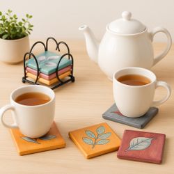 Bella Casa By Ganz 2000s 4 Porcelain Leaf Coasters Black Metal Caddy, 3.5”