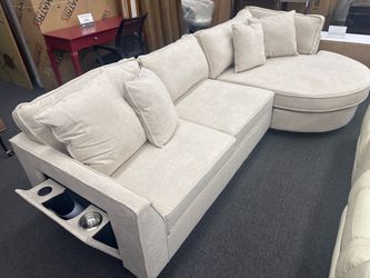 NEW Elva Beige Reversible Sectional w/Cupholders and USB Charging