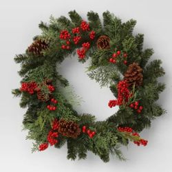 Brand New Threshold  29in Wreath Long Nedle With Pinecones With Berries