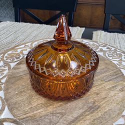Vintage Crystal Cut Amber Glass Candy Dish 