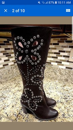 Stunning genuine leather butterfly floral glass stones studs woman boots NYLA TIARA BROWN