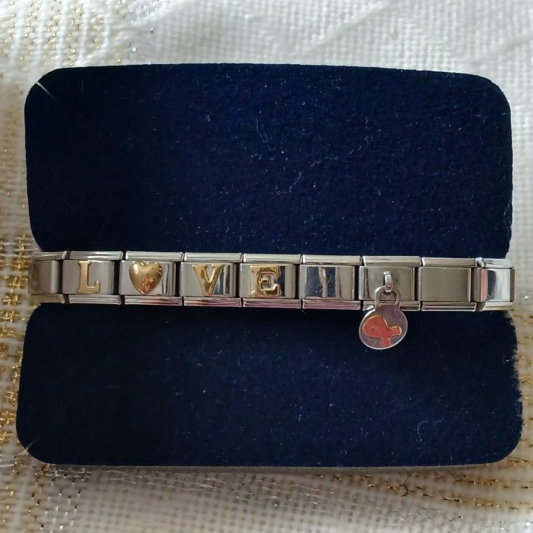 Vintage Linea Italy S. Steel 14K 19 link Charm Stretch Bracelet Love, Breath Cancer 

