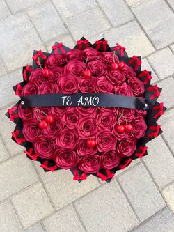 Cherry Ribbon Red Rose Bouquet with Te Amo Ribbon