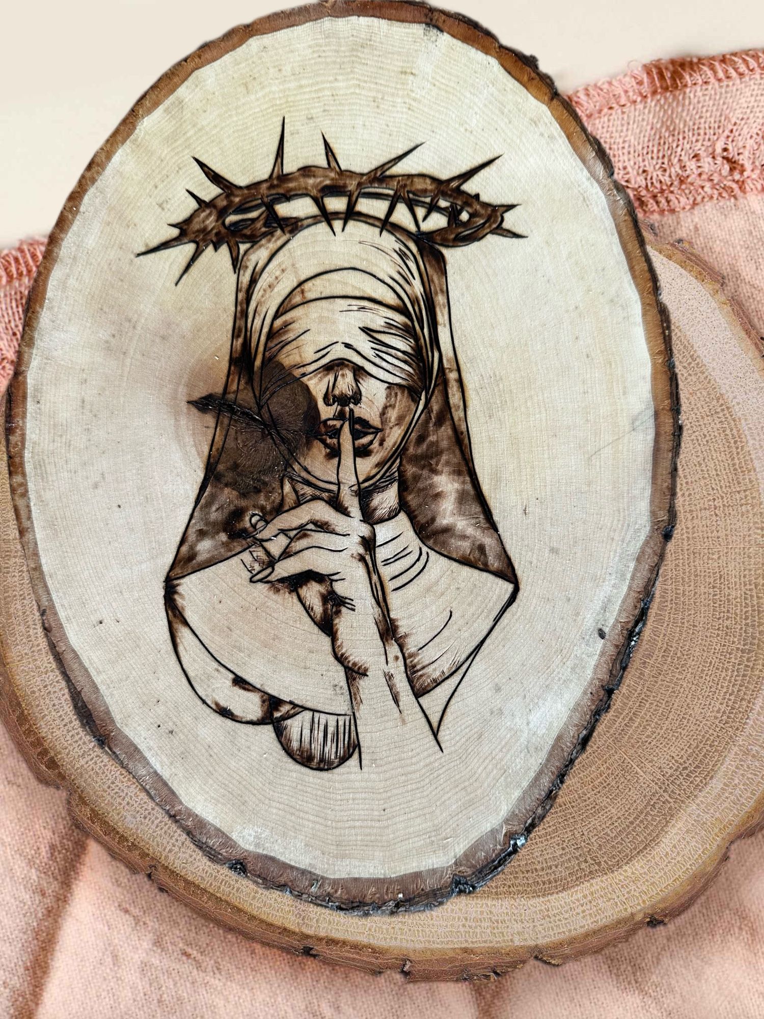 Nun Scary wood burning pyrography gift cutting cheese board coaster centerpiece wedding gift birthday basswood handcrafted wall handmade