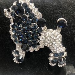 Blue and clear Rhinestone Poodle Dog Puppy Animal Brooch Pin in sliver