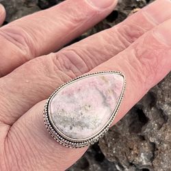 Pink Rhodochrosite 925 Silver Ring Sz 8.5