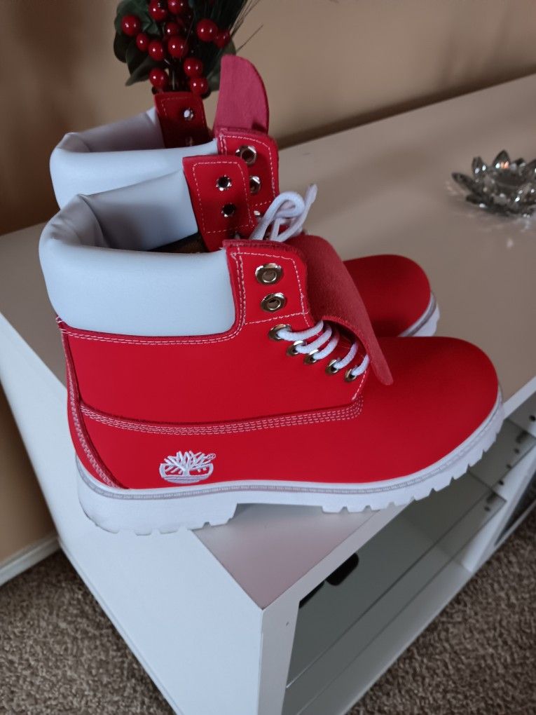 Red and white timberlands on sale
