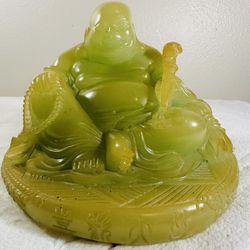 Faux Jade Carved Laughing Buddha Statue 