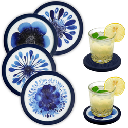 Indigo Floral Non-Slip Silicone Coasters, 4-Pack, Absorbent & Table Protection