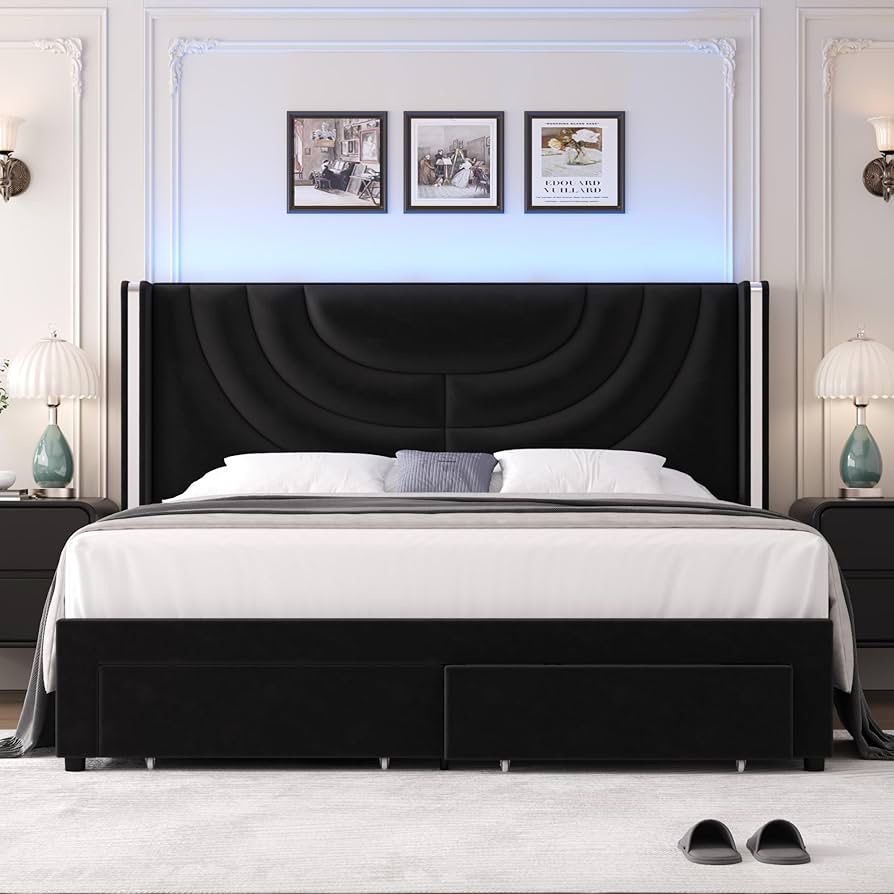 King Upholstered LED Bed Frame with 2 Storage Drawers, Velvet Platform Bed with Wingback Headboard, Solid Wooden Slats Support, No Box Spring Needed,