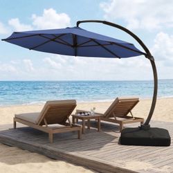 11ft Outdoor Patio Umbrella with Base and Lights, Aluminum Offset Cantilever Umbrella for Pool Deck, Navy Blue