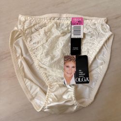 Vintage 1990s Olga 20080 Ivory Satin Lace Hi-Cut Brief Panties M NWT