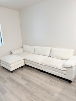White Fabric Sectional Sofa with Ottoman
