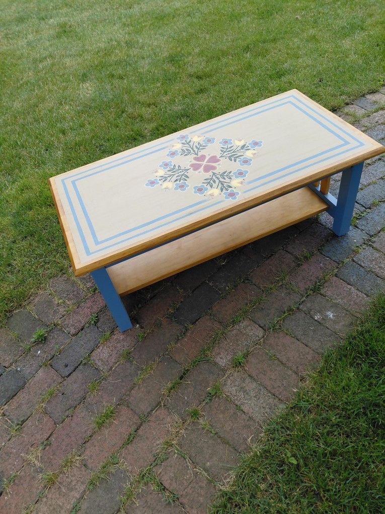 Handpainted modern folk art rectangular wooden table with shelf - 20" x 40"