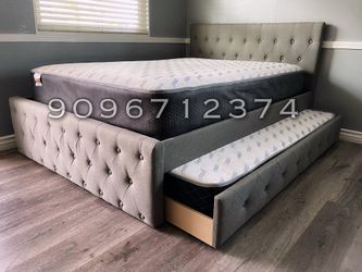 Full/Twin Gray Frenchi Tufted Trundle Beds W. Ortho Mattresses Included